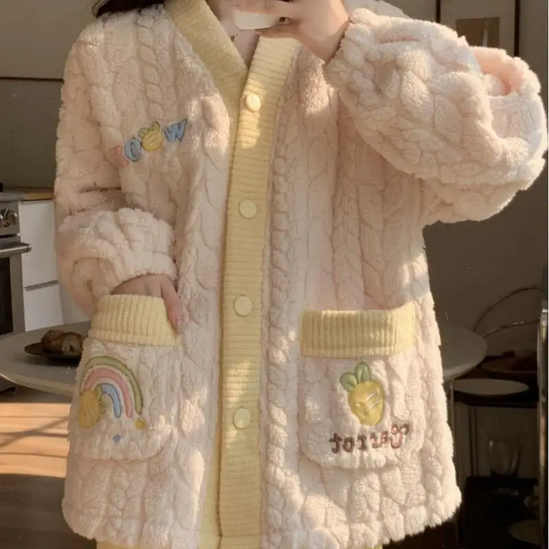 

Princess Coral Velvet Cardigan Pajamas Sets Girl Kawaii Long Sleeves Warm Thicken Sweet Autumn Winter Clothes Leisure Wear New