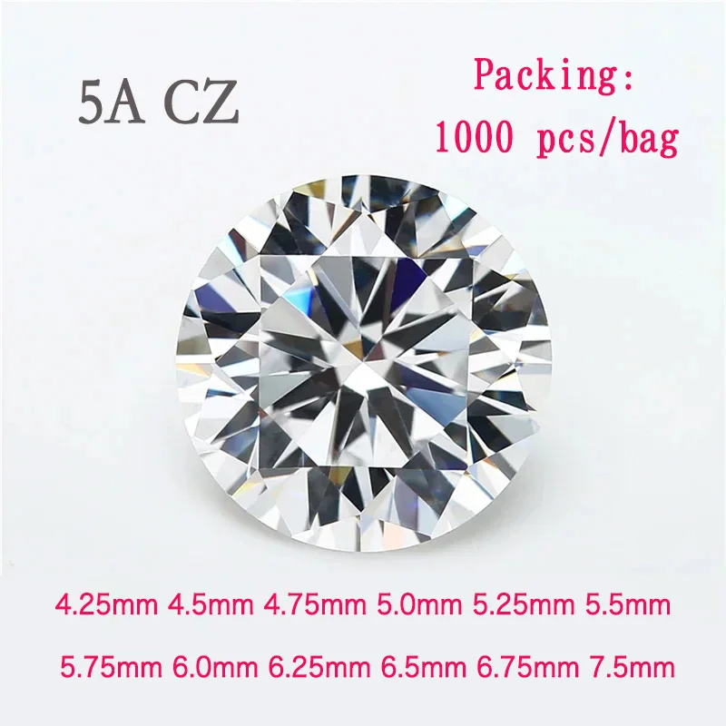 1000pcs/lot 5A Quality 4.25~7.5mm Big Sizes CZ Loose White Cubic Zirconia Stone 7.5mm Round Cut CZ Synthetic Gems For Jewelry