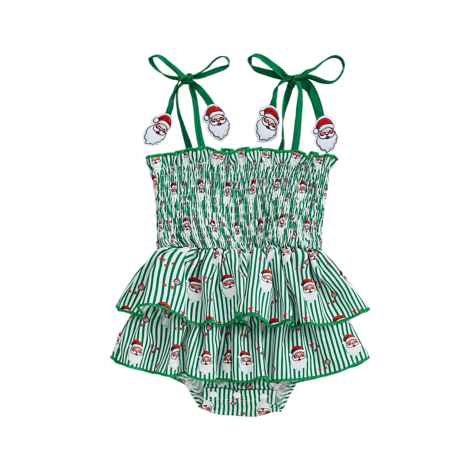 

Baby Girl Christmas Romper Dress Sleeveless Santa Claus Candy Cane Print Tie Shoulder Cami Jumpsuit