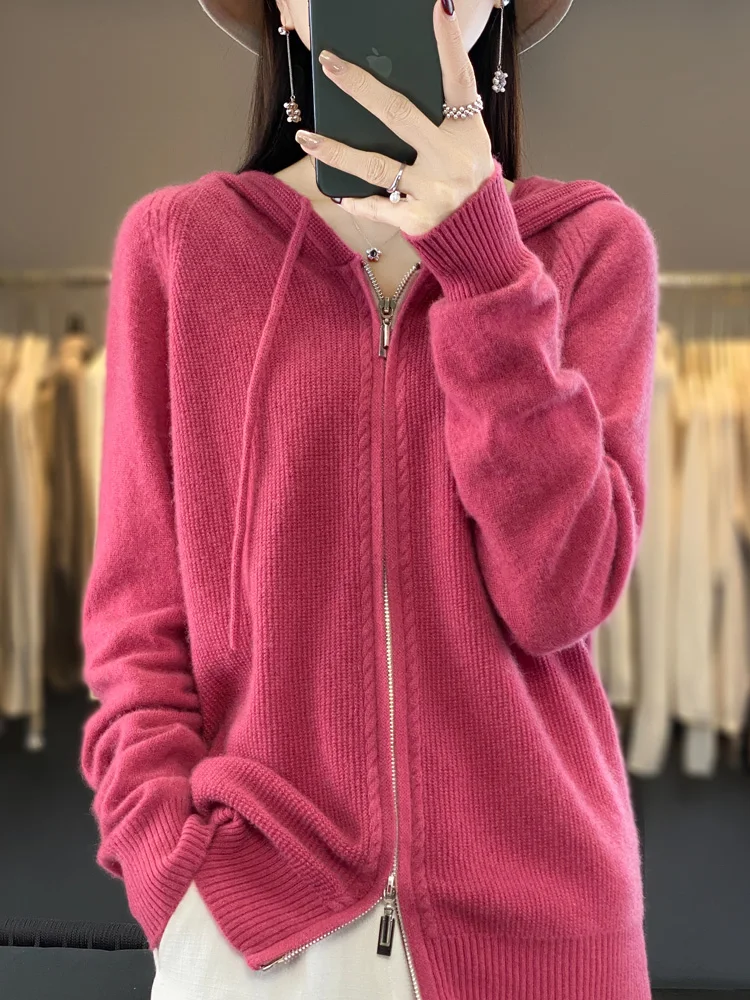 女性のジッパーパーカーカーディガン、100% メリノウール、単色、カジュアルカシミアknitwear、韓国のファッショントップス、秋、冬、新