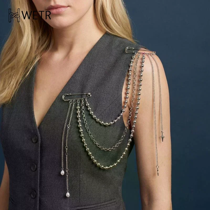 Women Elegant Luxury Pearl Pin Corsage Vintage Multi-layer Long Tassel Chain Brooch Safety Pins Party Jewelry Gift