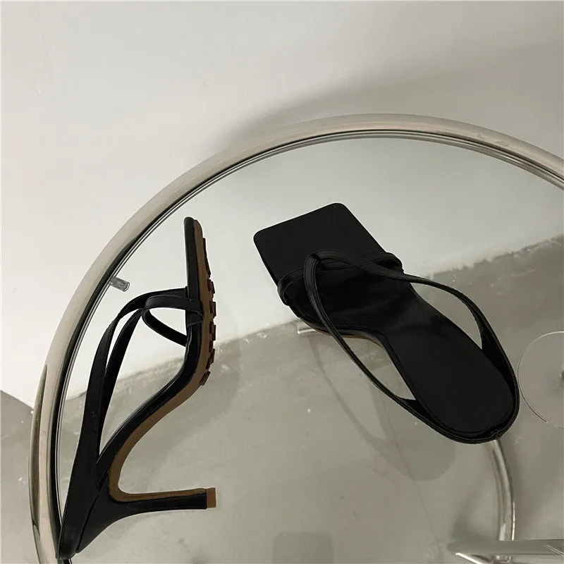New Summer High Heel Sandals Fashion Rhinestones Thin Heels Woman Slides Women\'s Square Toe Solid Color Sandals Large Size 35~43