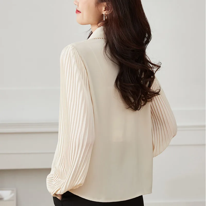 #2538 Beige Pleated Puff Sleeve Shirt Women Korean Style Office Shirt Female Turn-down Collar Chiffon Womens Tops And Blouses