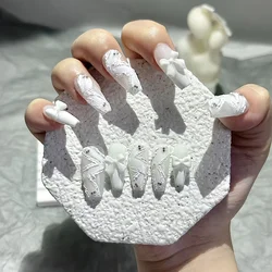 Ribbon Pearl Handmade Wearable Nail Elegant White Swan Hand-painted Embossed Nail Art White Wearable False Nails Students Gift