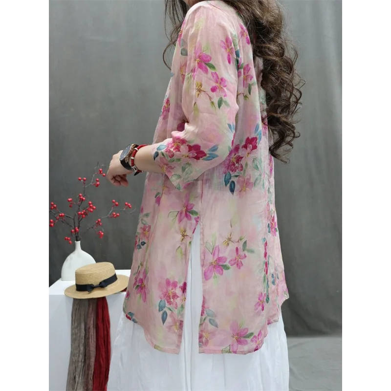 Sommeroberteil für Damen aus Baumwolle und Leinen, neuer Aufdruck, leicht und locker, lässig, vielseitig, mittellanges Hemdoberteil