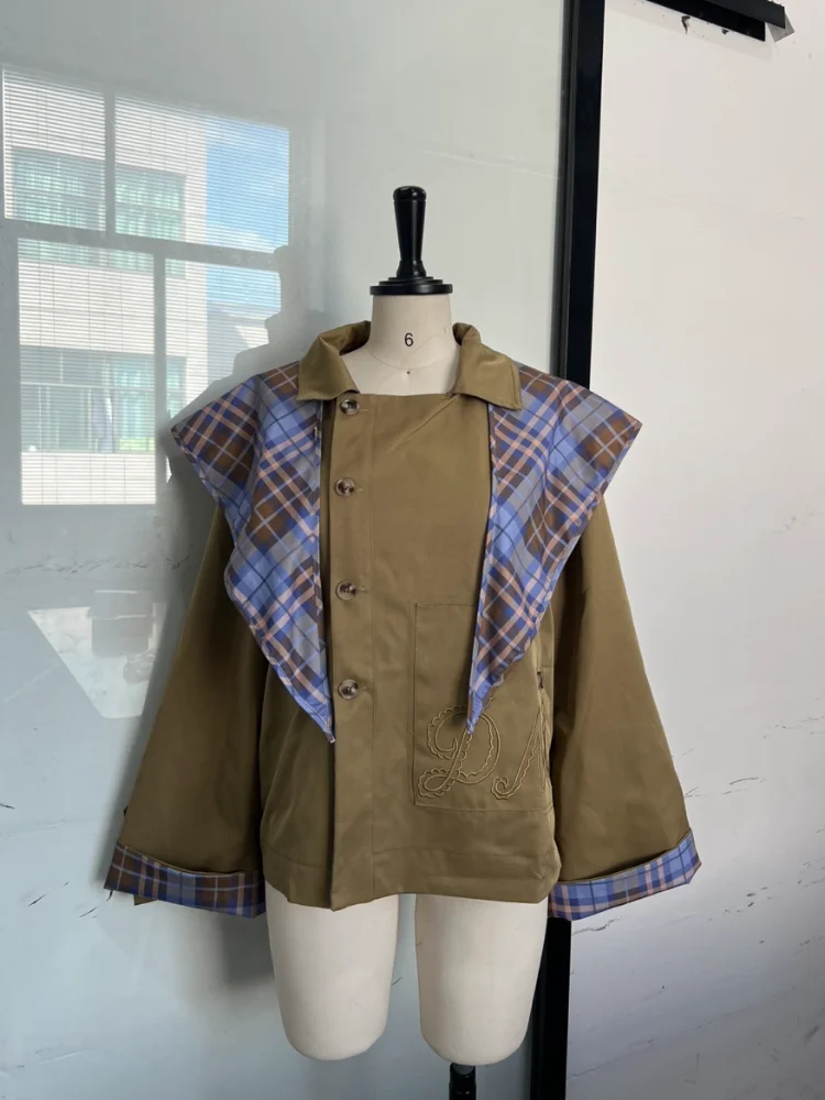 Chique xadrez dupla face casacos feminino lapela único breasted manga longa bolso rendas até jaqueta 2025 outono senhora casual outwear novo