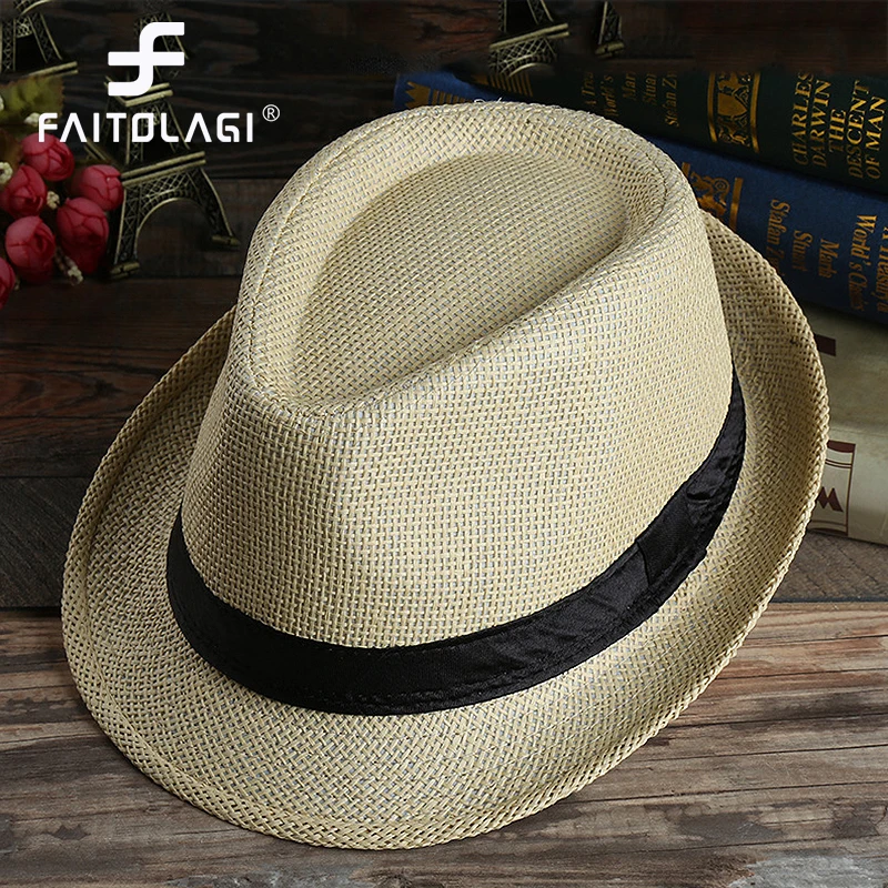 Fashion Men Straw Hat For Women Summer Trendy Beach Sun Hats Solid Color Fedoras Ribbon Casual Cowboy Jazz Cap Gangster Cap Male