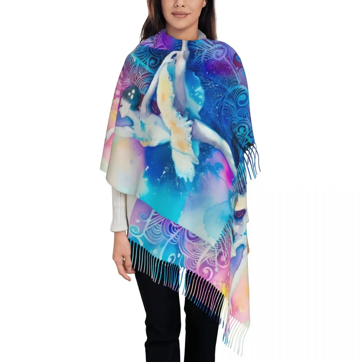 Customized Female Long Elegant Gymnastics Art Print Scarves Women Winter Thick Warm Tassel Shawl Wrap Scarf