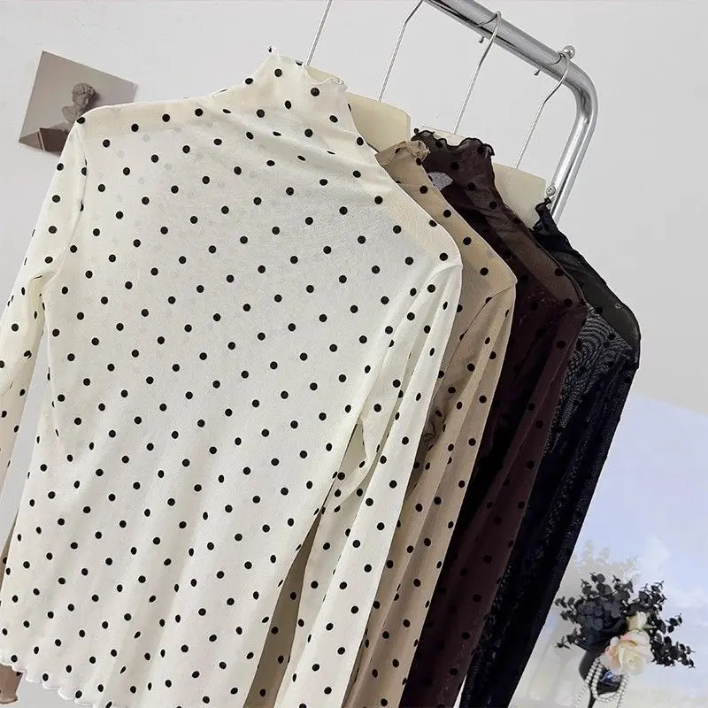 

Top Women's Autumn Mesh High Neck Undershirt Slim Fit Polka Dot Layering Piece Long Sleeve T-Shirt Lightweight New Casual Niche