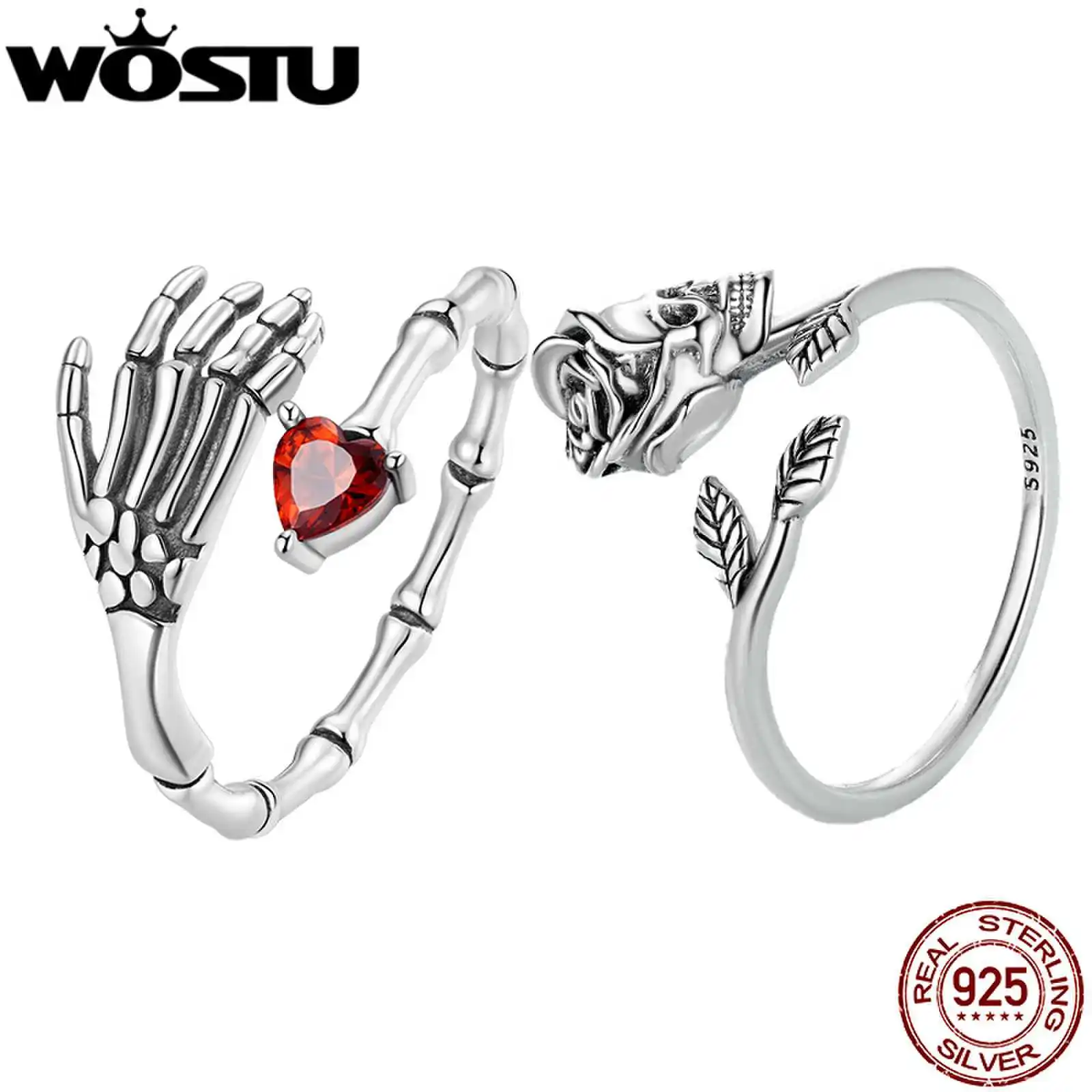 WOSTU 925 Sterling Silver Punk Skull Hand Opening Rings With Red Heart CZ Women Hip Hop Special Holiday Jewelry Gifts Halloween