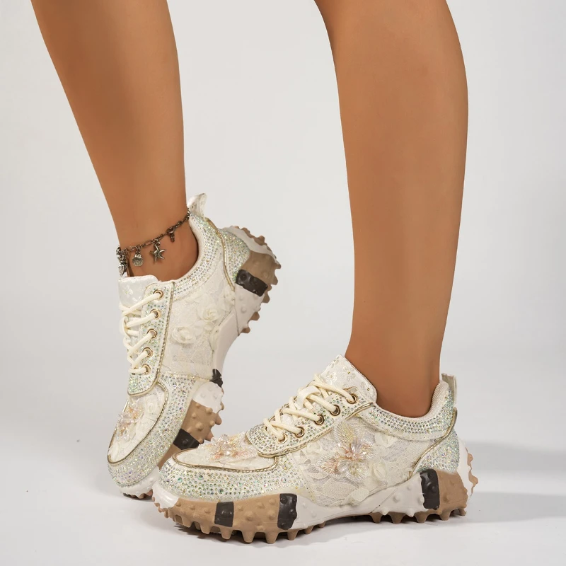High-quality Appearance Thick-soled Round-top Lace-up Sequined Comfortable Anti-slip Breathable Casual Women's Single Shoes