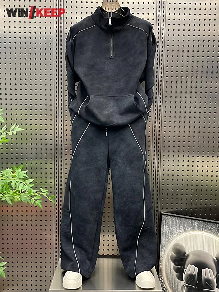 New Mens Fashion Thicken Autumn Winter Two Piece Running Set Tops Pants Gym Fitness Sports Sets Male Outdoor Jogging Tracksuit