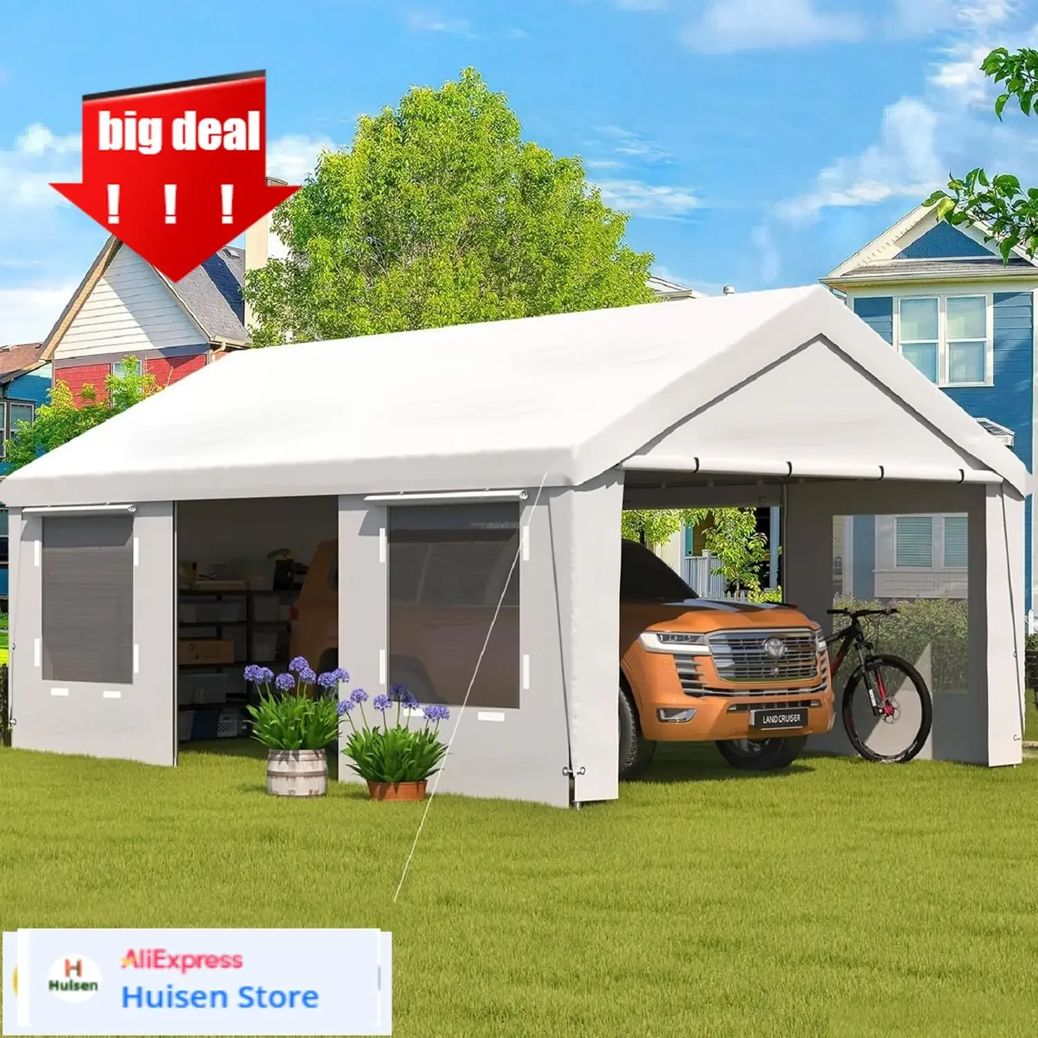 

Прочный сверхмощный карпорт размером 13 x 20 футов, портативный гараж с защитой от ультрафиолета и стальной рамой, автомобильный порт со съемными боковыми стенками, All-Se