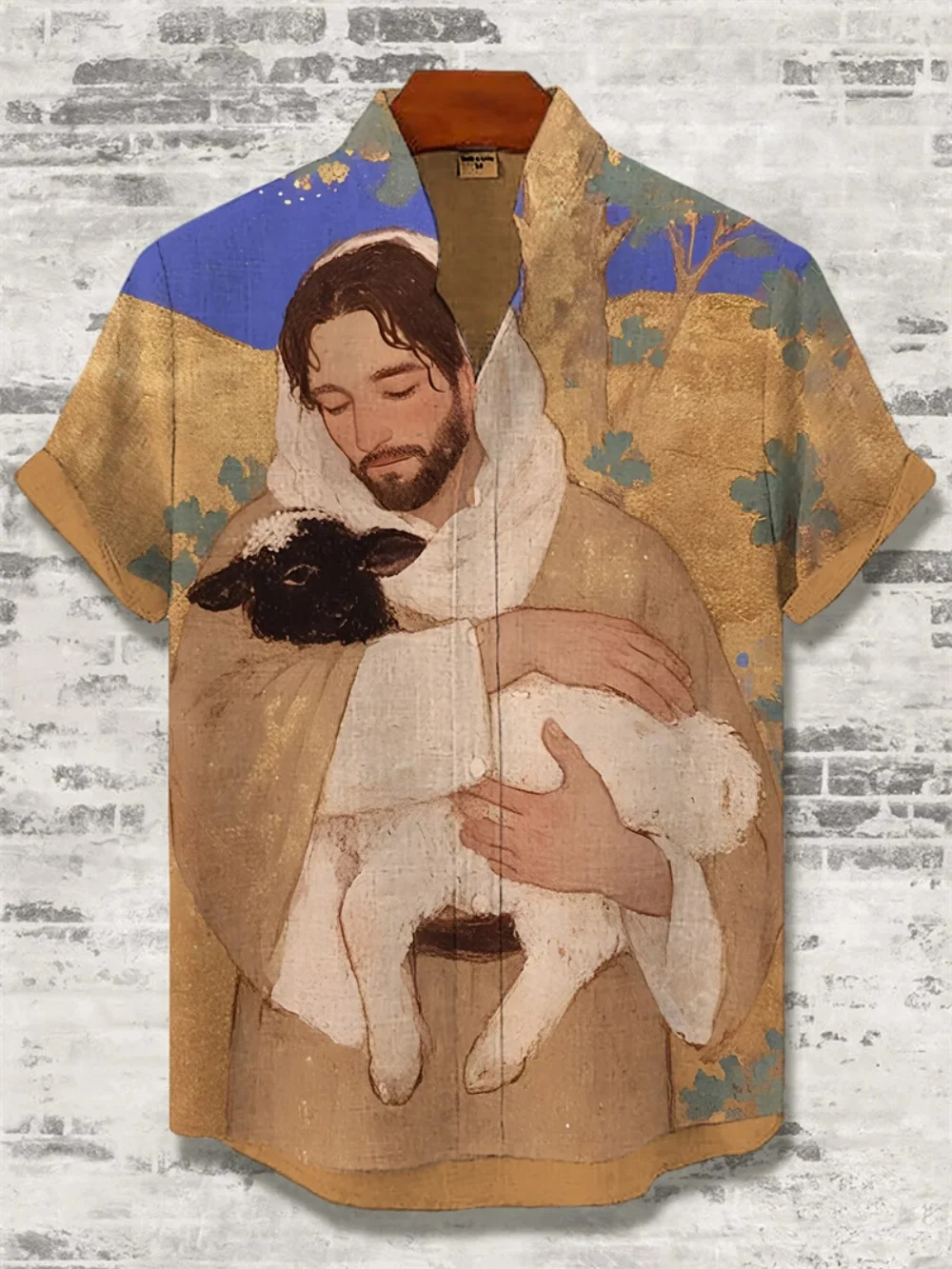 

Summer Men's Retro Art Printed Shirts Short Sleeve Linen Stand up Collar Single Breasted Casual Vacation Top for Men