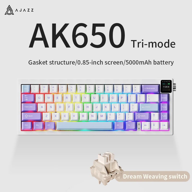 AK650 3-modi draadloos mechanisch toetsenbord, 65% lay-out, RGB, scherm, volumeknop, 5000mAh batterij