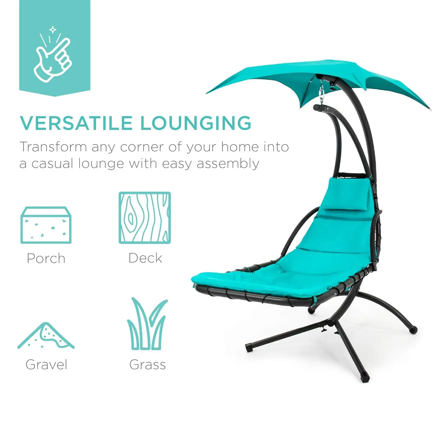 Curved Steel Outdoor Hanging Chaise Lounge Swing w/ Built-in Pillow & Removable Canopy, Custom