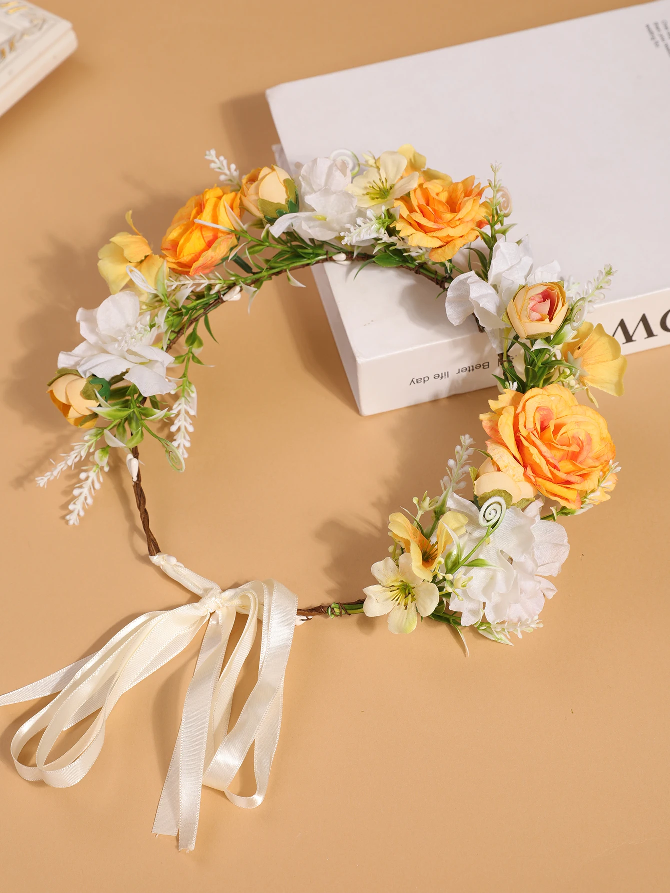 Simulierte Rosenblüten-Girlande als Kopfschmuck - Bohemian-Style Verstellbares Band-Haarband - Geeignet für Brautjungfern, Hochzeiten, Porträts – Detail 14