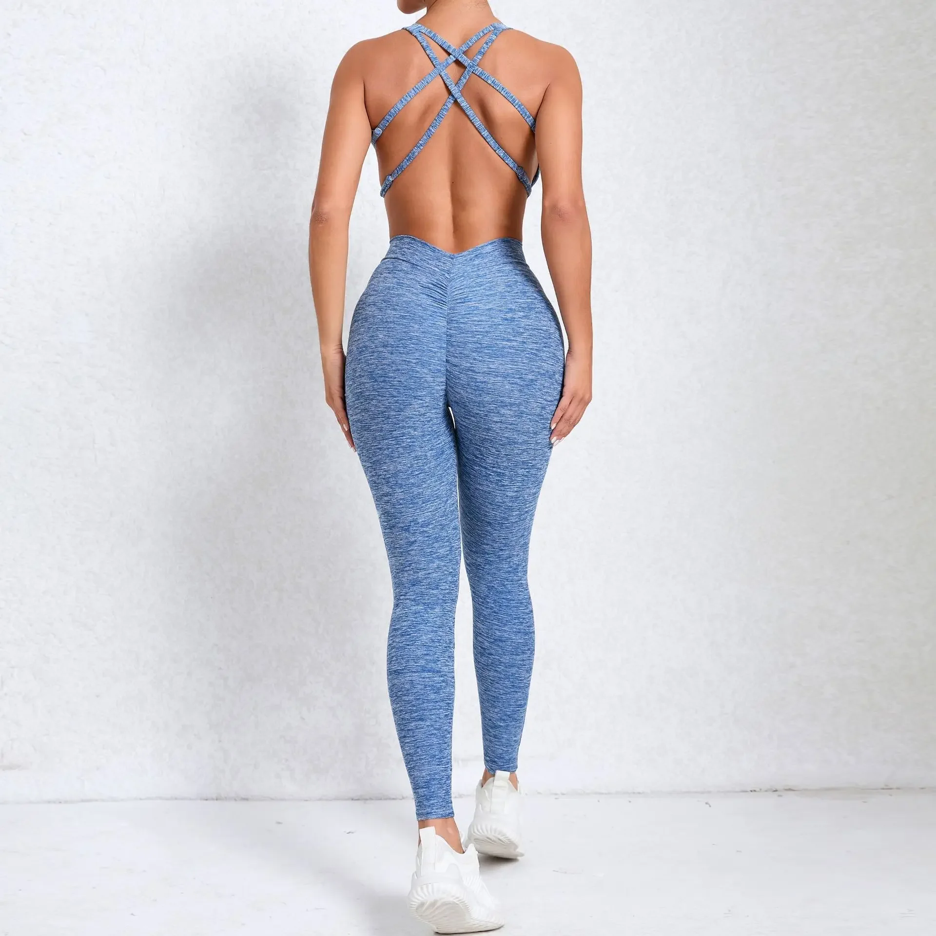 Macacão de ioga feminino sem mangas, bodycon sólido, oco, sem costas, macacão sexy, esportivo, geral, roupas de ginástica, azul, moda