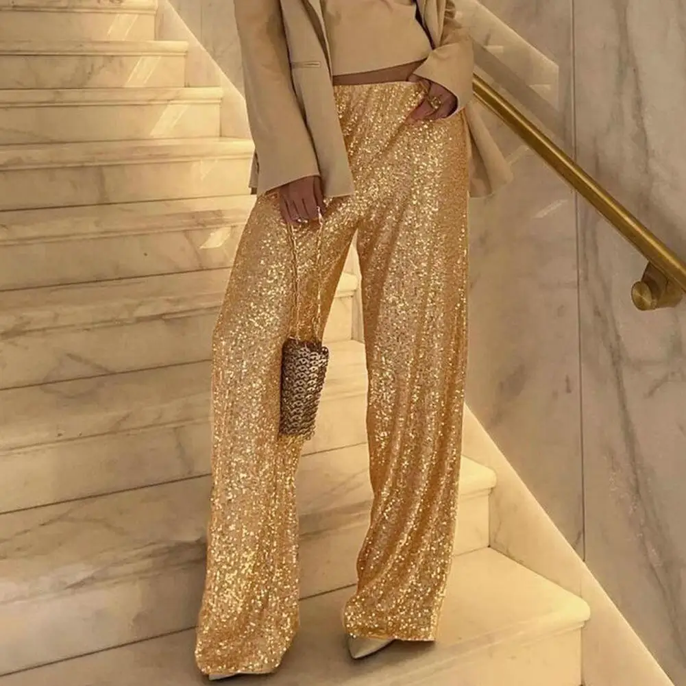 

Женские брюки с широкими штанинами и средней посадкой, украшенные блестками, для ночных клубов, вечеринок, сценических выступлений и танцев.