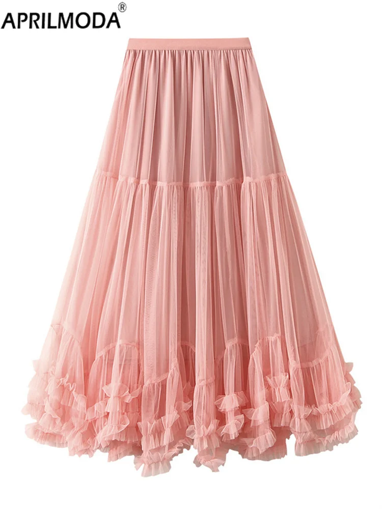 

High Elastic Waist Pink Mesh Ruffles A-line Midi Long Skirts Elegant Women Midi Half-body Large-swing Casual Patchwork Skirt