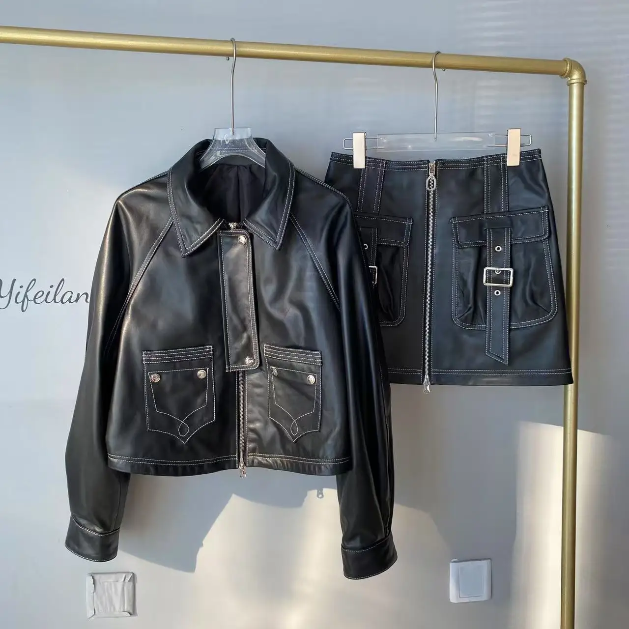 Faionable ort Jaet de cuero genuino para mujer, abrigo de piel sintética, conjunto de falda y top, otoño 2025, para ir al trabajo, corte holgado, largo Sl...