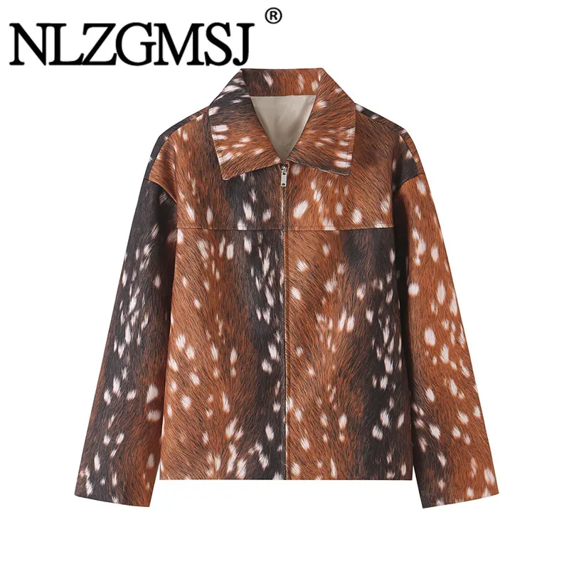 Nlzgmsj 2026 Autumn Women Retro Fashion Printed Jacket Lapel Collar Zip Up Long Sleeve Loose Fit Street  Outerwear For Ladies