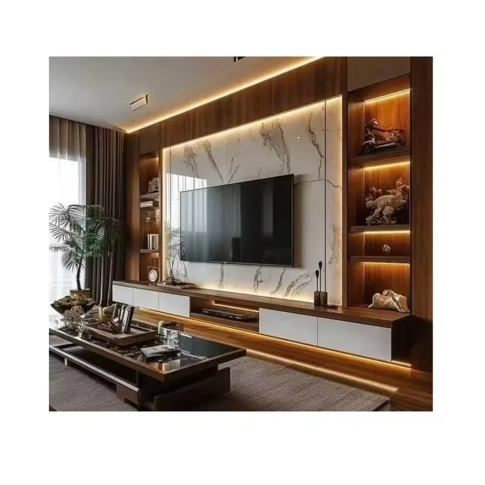 Custom Matte Modern Living Room Design Cabinet Storage Wood Grain Veneer TV Wall Cabinet