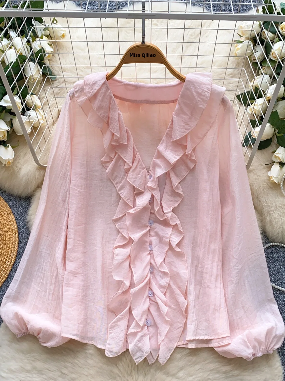 

Ele V-Ne Lantern Sve irt Women's Loose Slimming Faionable Top Gentle Wind Wooden Autumn 2025 Commute Sle