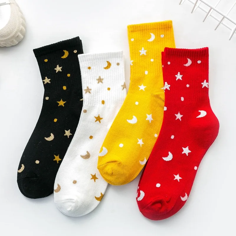 

1/4 Pairs Spring and Autumn Universe Starry Sky Star Moon Women's Mid Socks Trendy Versatile Casual Comfortable Women's Socks