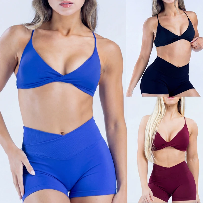 Women Scrunch Yoga Set Twist Front Sports Bra V Waist Shorts Seamless Gym Workout Fitness Activewear Sportswear 2 Piece Set