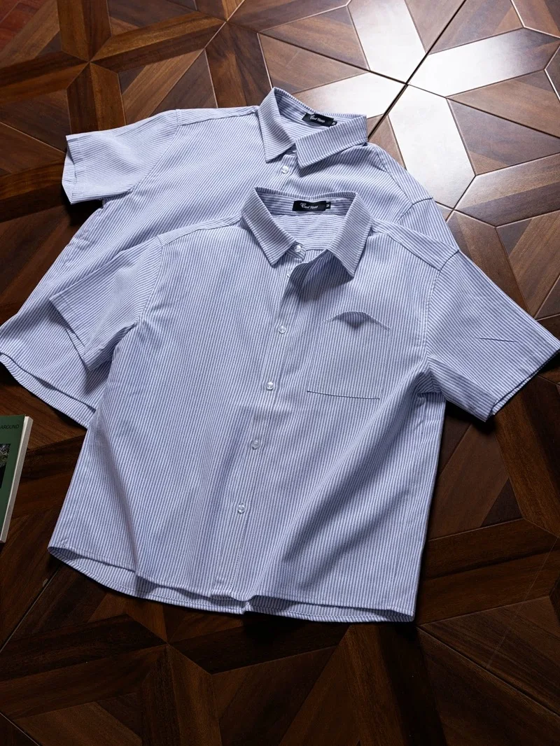 

Vintage Light Blue Striped Short Sleeve Shirt Versatile Loose Fit Summer Open Cardigan Men's Fashion Casual Button up Top