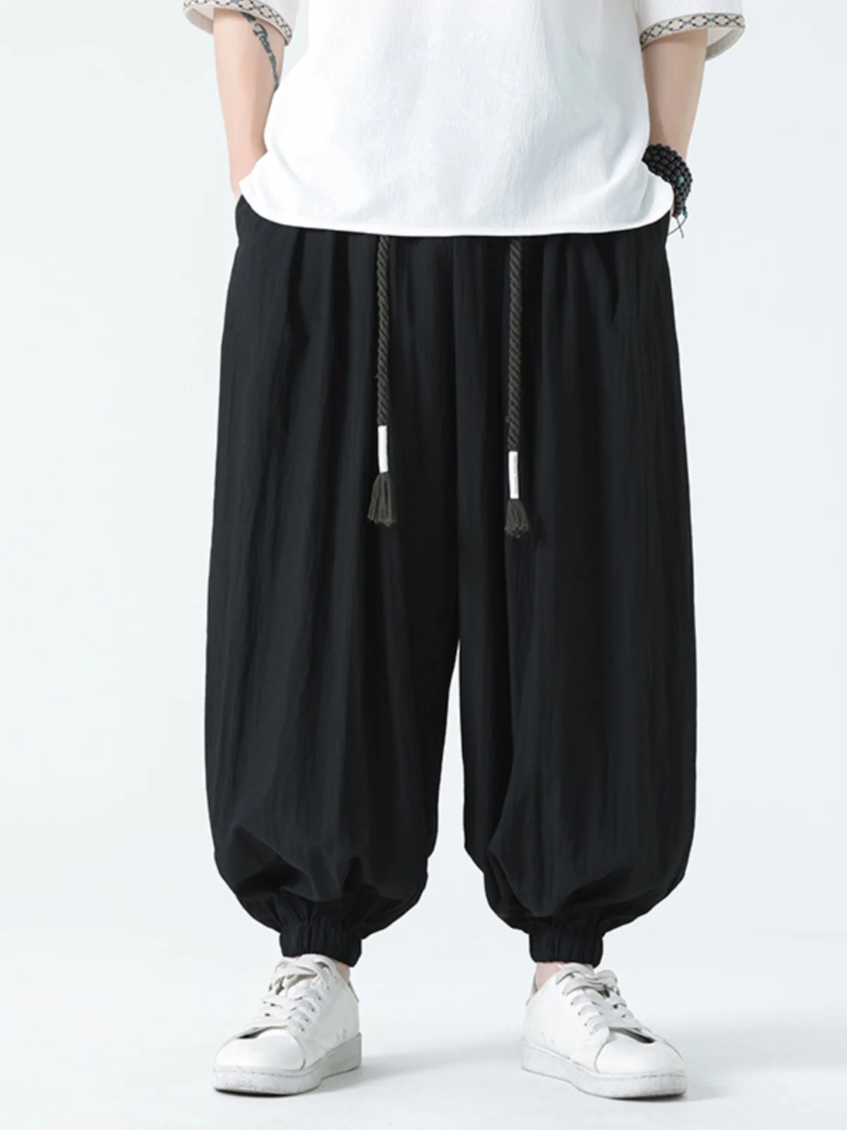 

Linen Men's Summer Thin Loose Cuffed Lantern Pants Casual Harlan Cotton Linen Breathable Elastic Waist Long Trousers