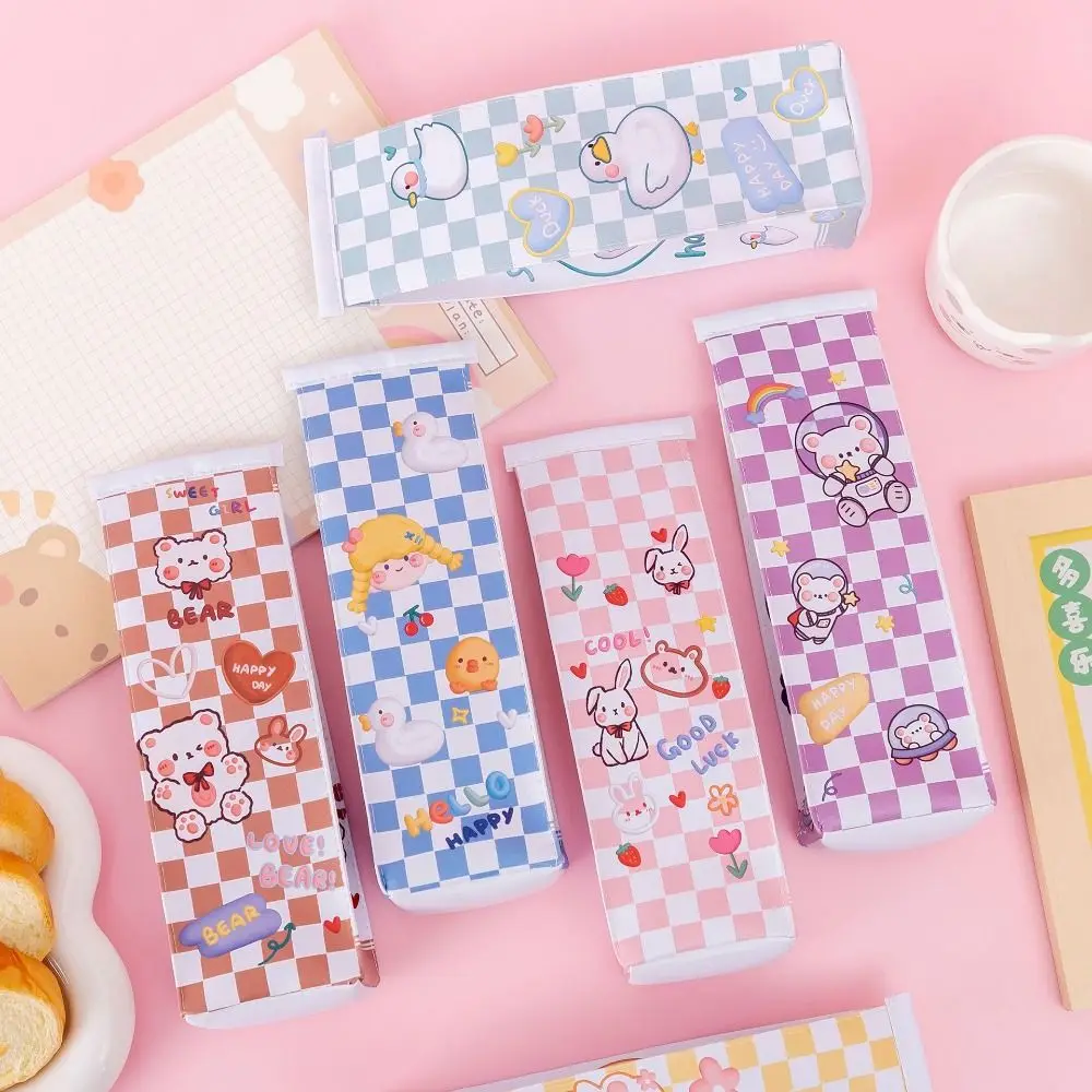 

PU Leather Checkerboard Grid Pencil Case Creativity Kawaii Cartoon Pen Bags Large Capacity Girl Heart