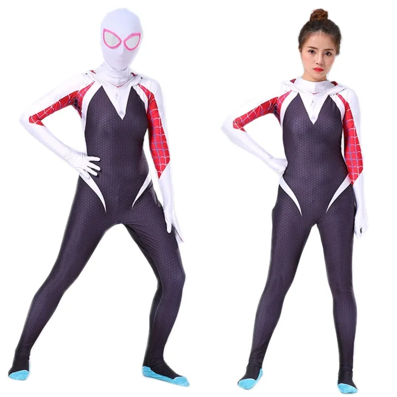 Gwen Stacy Cosplay Bodysuit Costumes for Adult Kids Halloween Zentai 3D Spider Gwen with Mask Jumpsuit