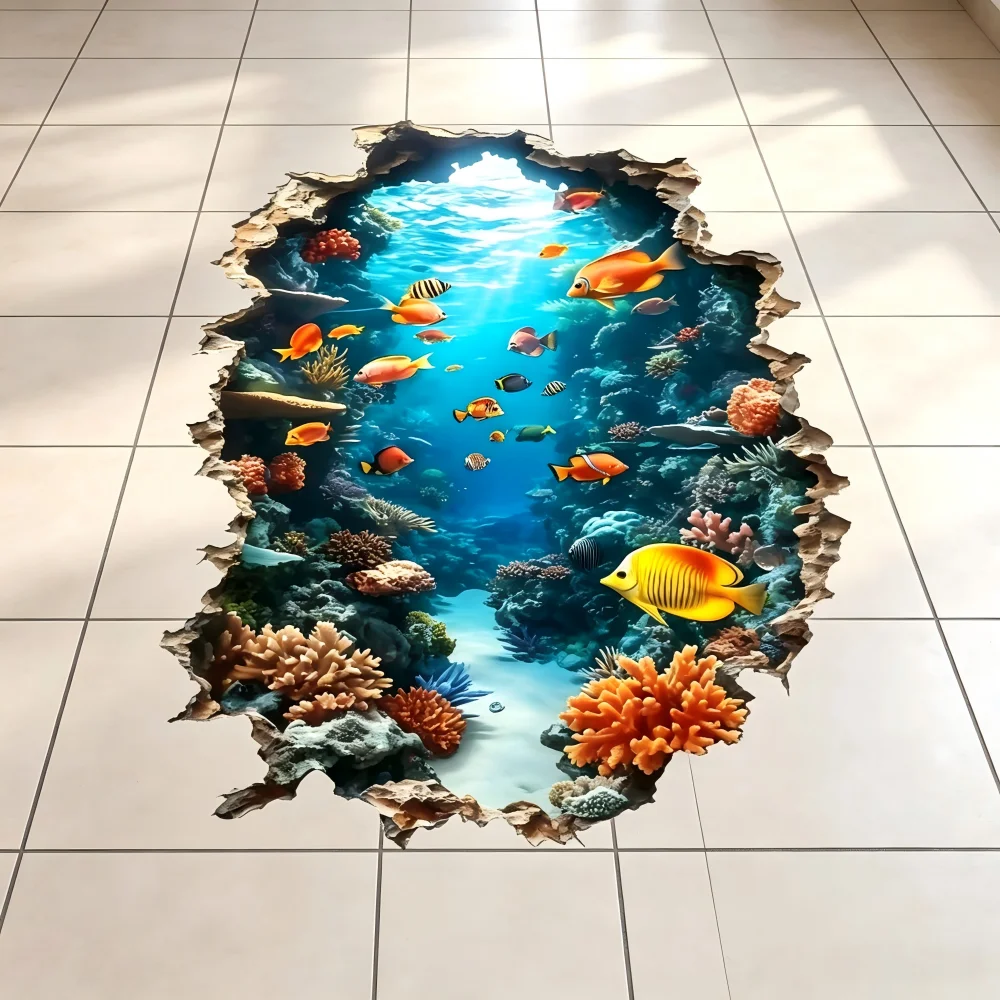 1pc underwater world floor sticker, with groups of tropical fish shuttling through it, paired with colorful coral and seaweed