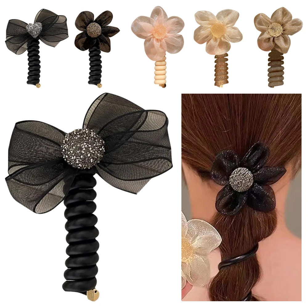 

Sweet Flower Telephone Line Hair Loop High Elastic Spiral Coil Bubble Braid Headband Rubber Hair Accessories Hair Bands Woman