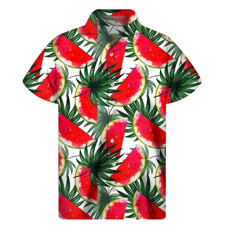 Camisa havaiana masculina de férias, roupas com impressão 3d, melancia, frutas, lapela, botão, moda casual, blusa de design listrado