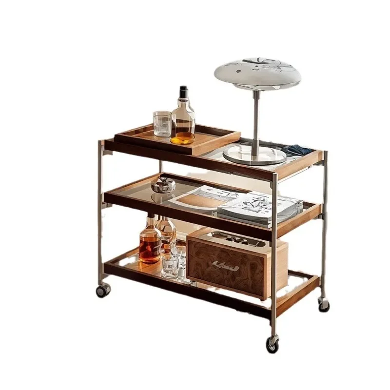 Scandinavian Minimalist Bedside Corner Table Retro Rolling Cart Mobile Coffee Table with Wheels for Bedroom Living Room