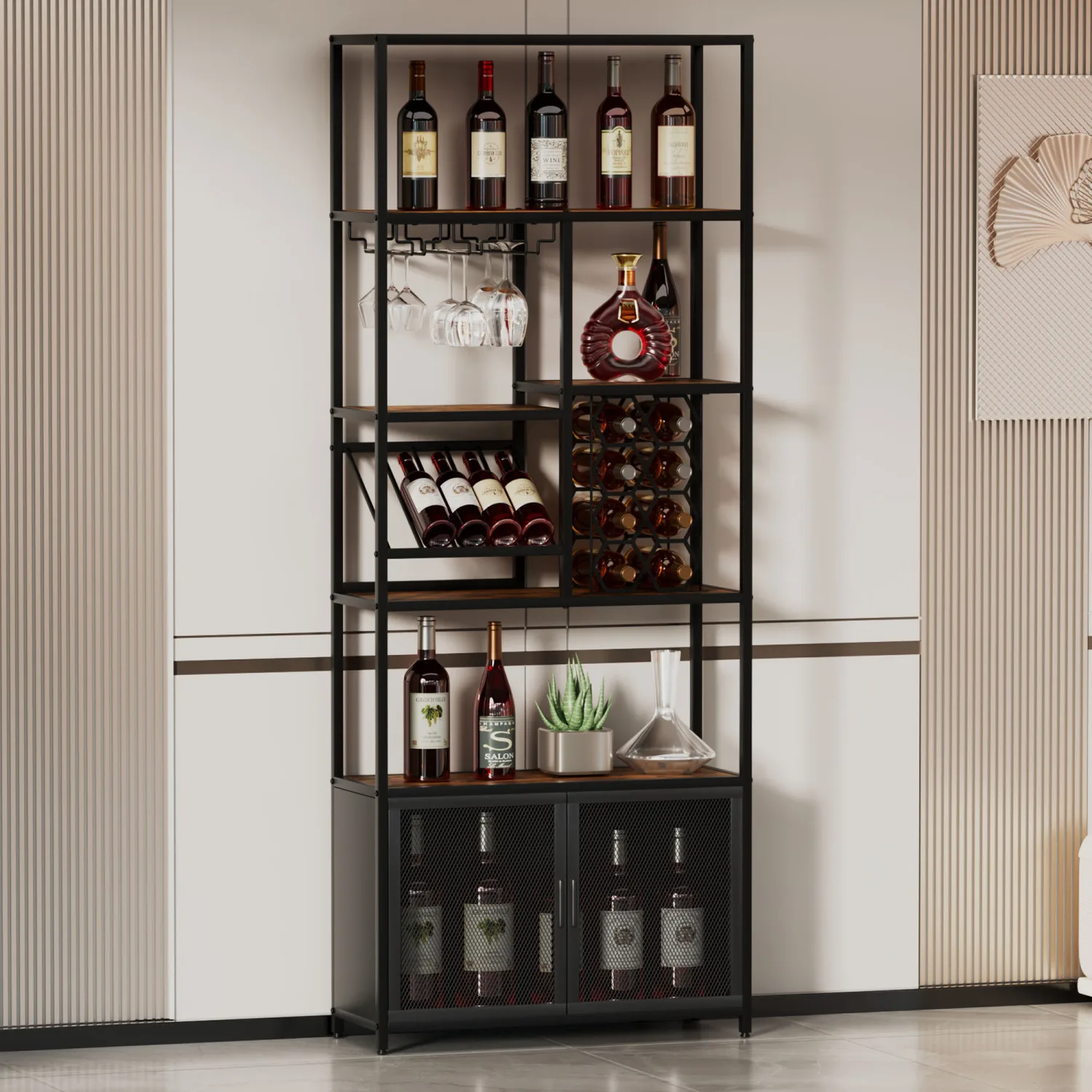 

Industrial Standing Wine Rack with Glass Rack Tall Freestanding Bar Cabinet - 82.7" Height