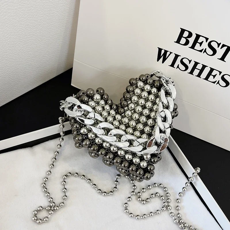 

Cute Heart Shape Mini Crossbody For Women Love Handbag Luxury Pearl Evening Lipstick Pouch Purse Thick Chain Clutches WT999