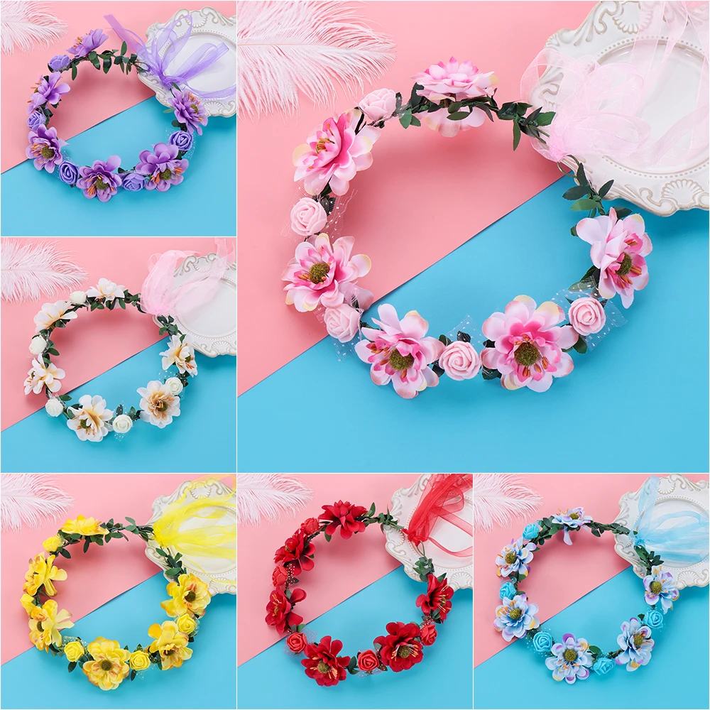 Fashion Bohemia Garland Flower Crown with Ribbon Women Bridal Rose Crown Sweet Girl Floral Wreath Wedding Party Beach Headband