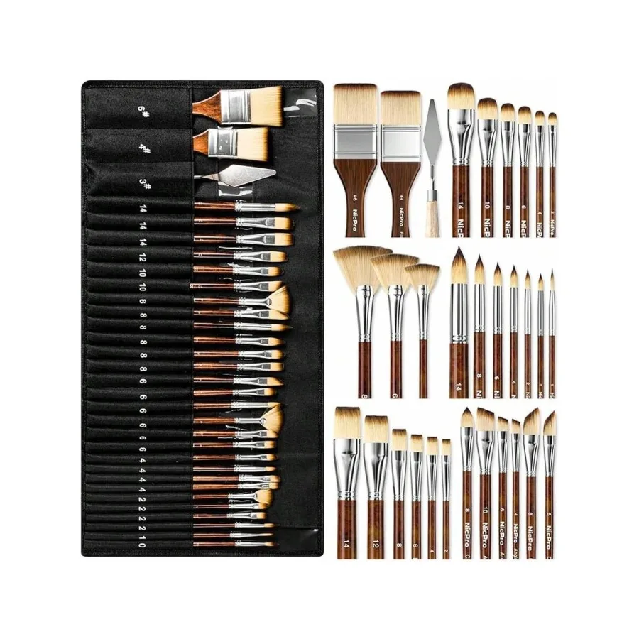 Nicpro 30pcs Paint Brush Set, Professional Paintbrushes With Paint Spatula And Cloth Roll, Craft Paint Brushes For Acrylic Pain