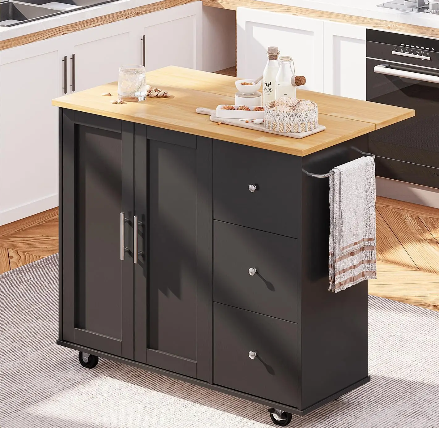 Kitchen Island on Wheels with Storage Cabinet & Foldable Drop Leaf, Rolling Kitchen Table, Cart Handle for Towel Rack, Drop Leaf