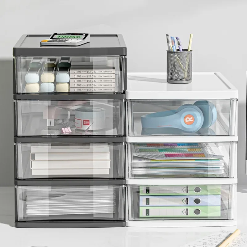 Caja de almacenamiento de escritorio transparente con cajón, organizador de mesa elevado, gabinete de almacenamiento de oficina de plástico para papelería y cosméticos
