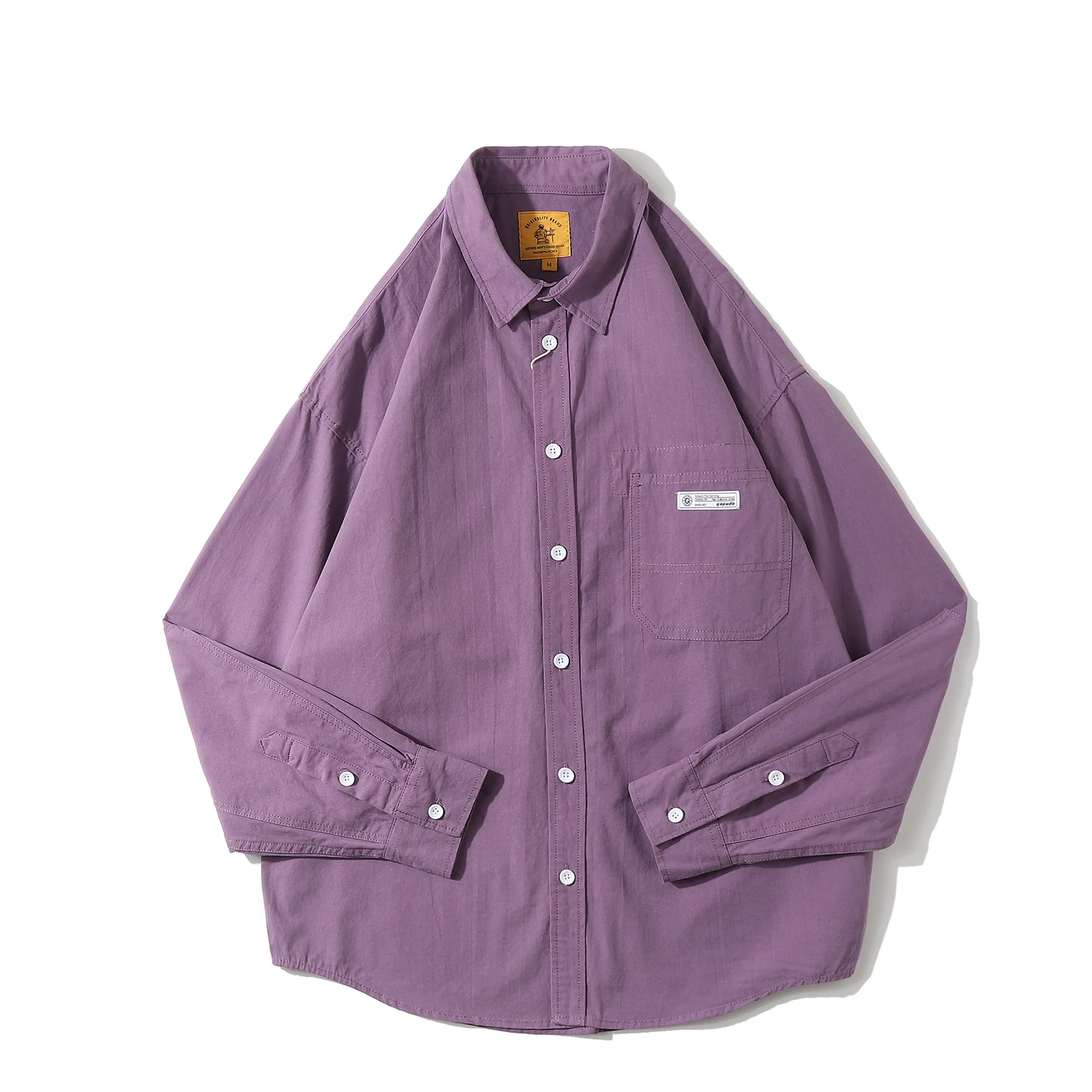 Men's Vintage Japanese-Style Long-Sleeve Shirt Lightweight Spring Casual with Patch Label Trendy Fold-Over Collar Loose Fit Tops