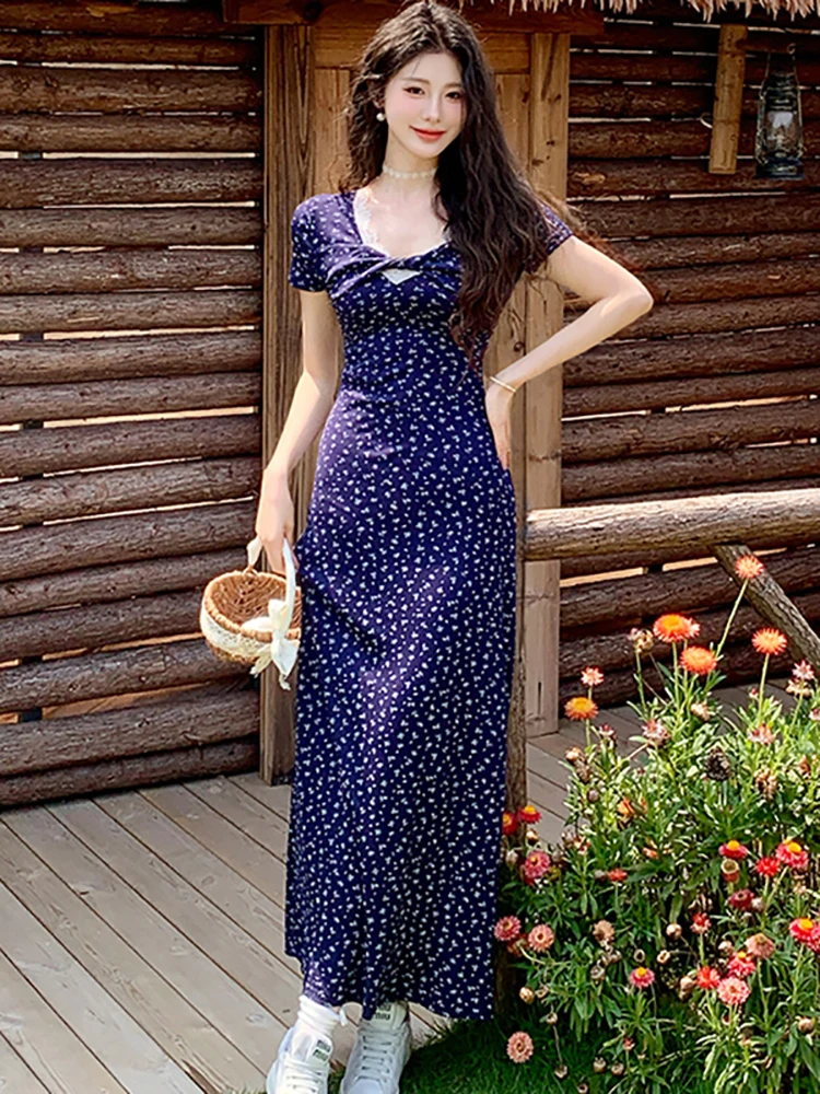 

Summer Blue Floral Short Sleeve Lace V-Neck Long Dress Women Korean Elegant Chic Casual Dress 2026 Fashion Bodycon Evening Dress