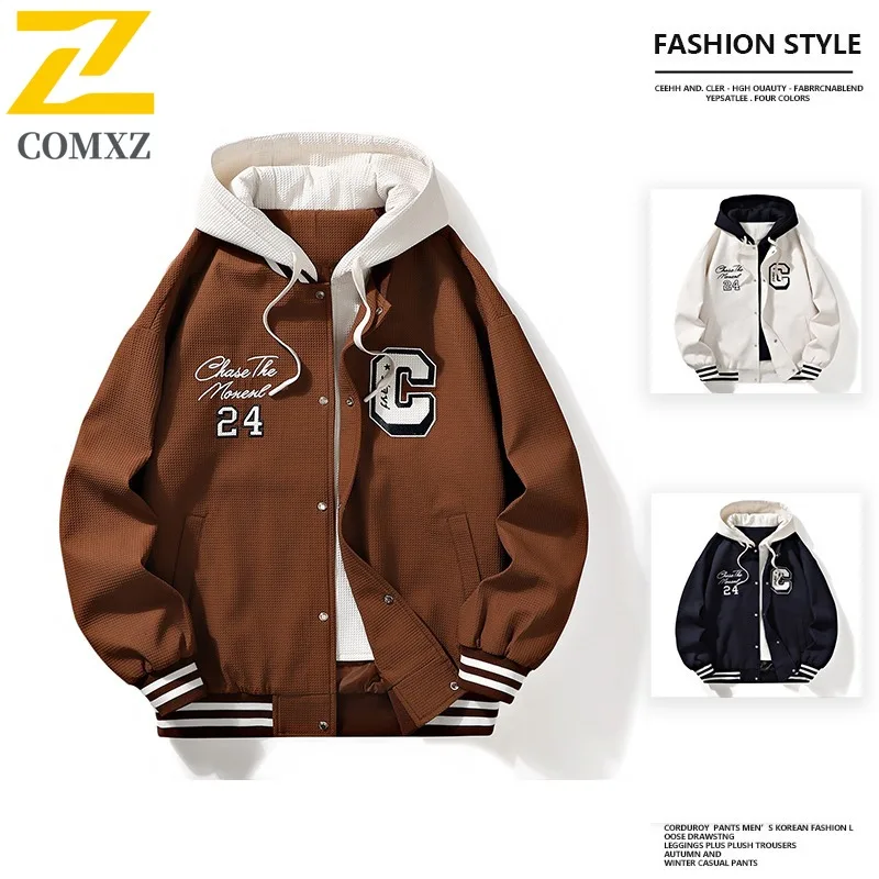 

COMXZ 2025 Мужская куртка из двух предметов, молодежное студенческое пальто с капюшоном, весна-осень, новая модная легкая ветровка в уличном стиле
