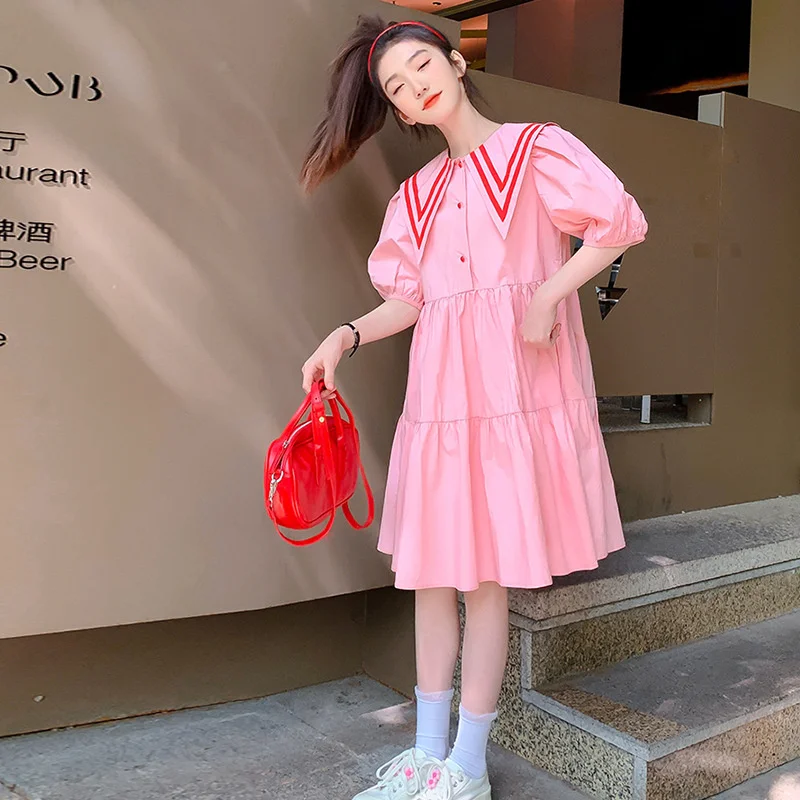 Teens Girls Summer Dress Children Casual Sweet Turn-down Collar Gown Kids Pink Short Sleeves Vestidos New Princess Loose Dresses
