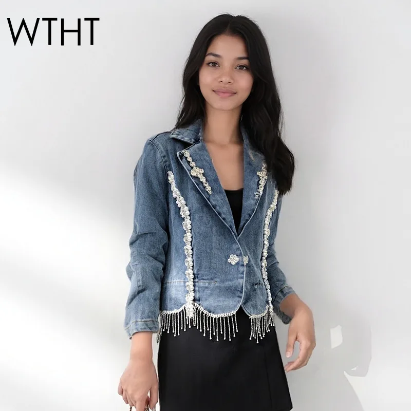 

WTHT новый модный женский джинсовый пиджак с кисточками и бриллиантами, осень 2021, модное пальто с длинными рукавами и лацканами, женское 1LS2722