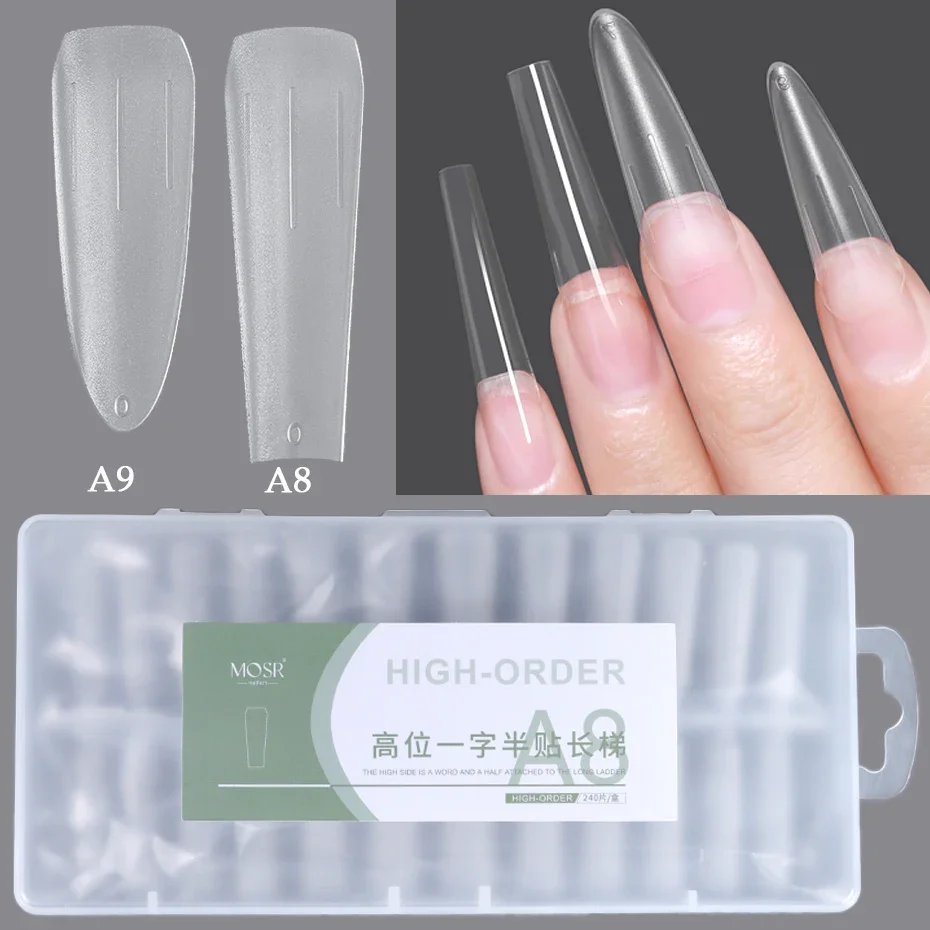 240pcs Nail Art Press on False Nail Matte Clear Half Stick Long Coffin Oval Quick Buliding Fake Nail Gel Tips Extension Tools